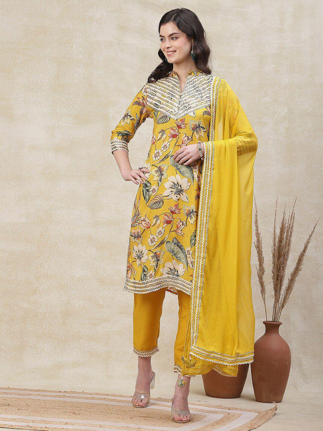 fashor floral printed patchwork kurta with trousers & dupatta