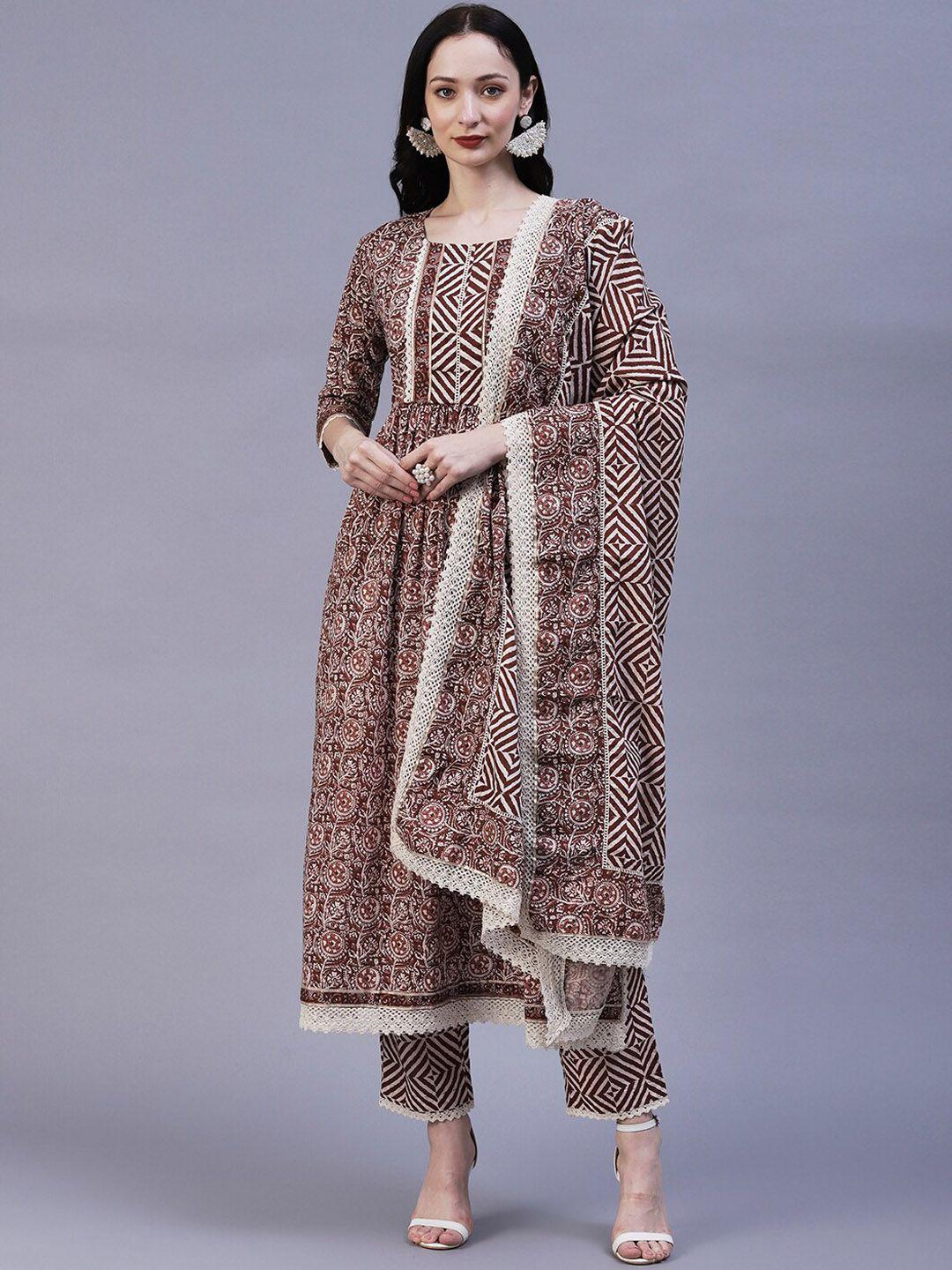 fashor floral printed pleated a-line pure cotton kurta with trousers & dupatta