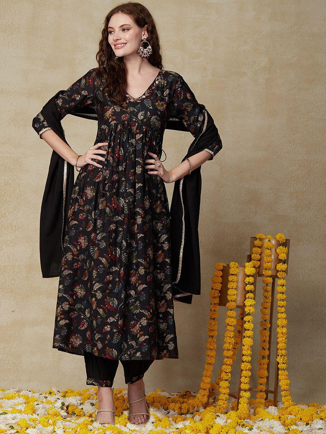 fashor floral printed pleated beads and stones kurta with trousers & dupatta