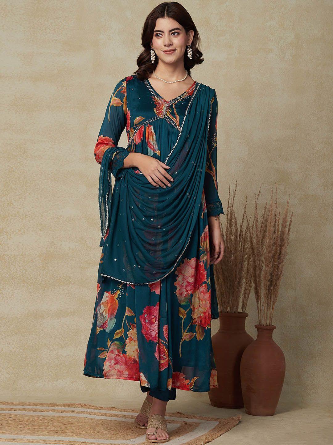 fashor floral printed pleated beads and stones kurta with trousers & dupatta