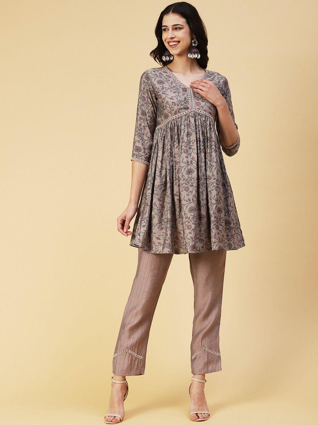 fashor floral printed pleated kurta with trousers