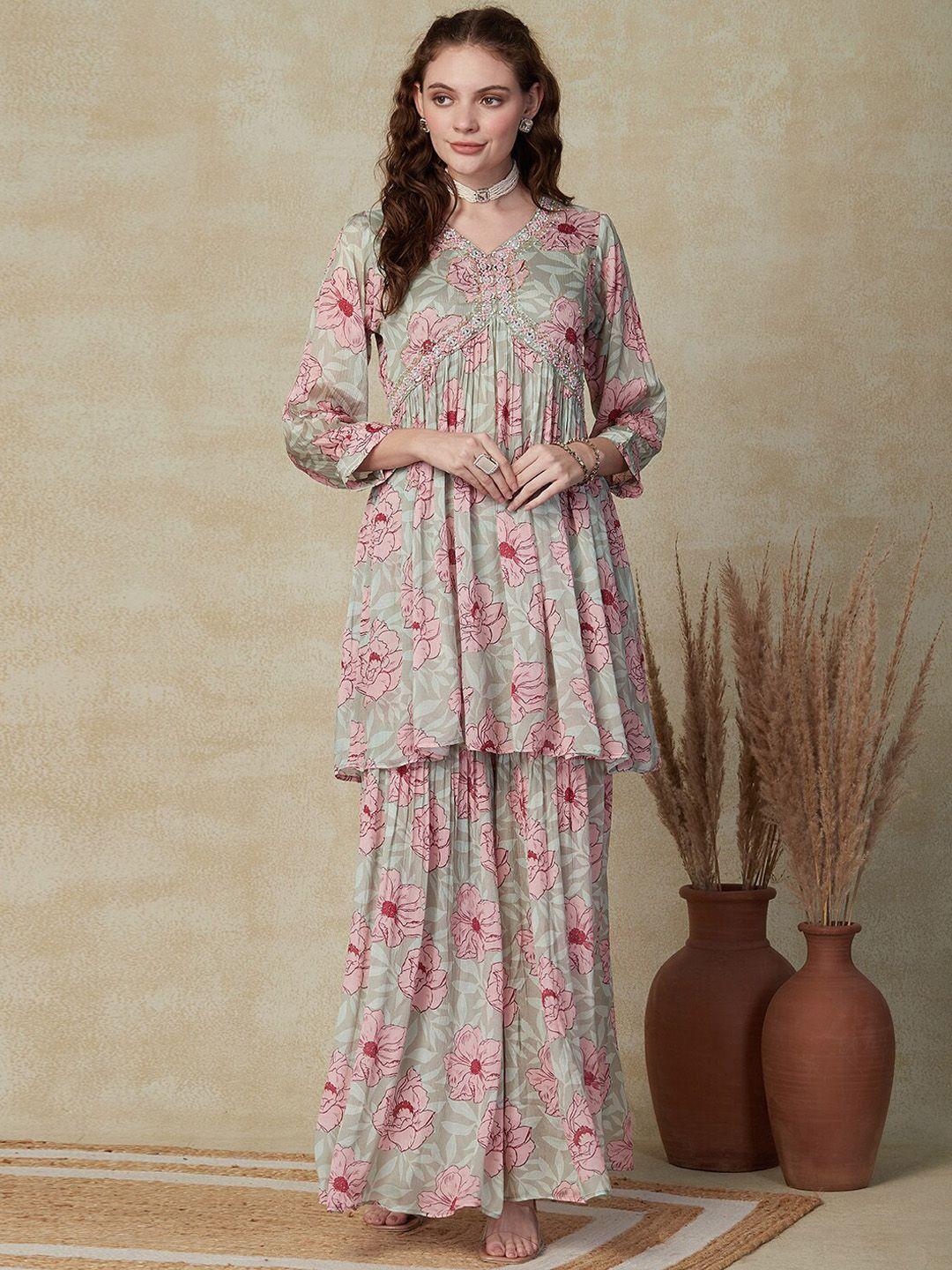 fashor floral printed pleated mirror work a-line kurti with sharara & dupatta