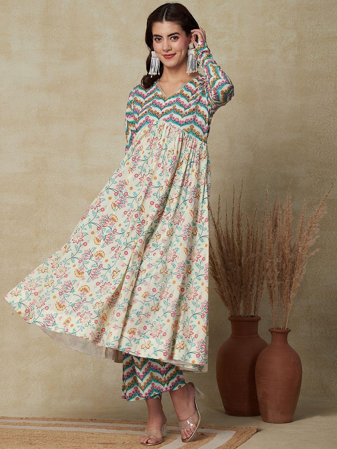 fashor floral printed pleated mirror work pure cotton kurta with palazzos