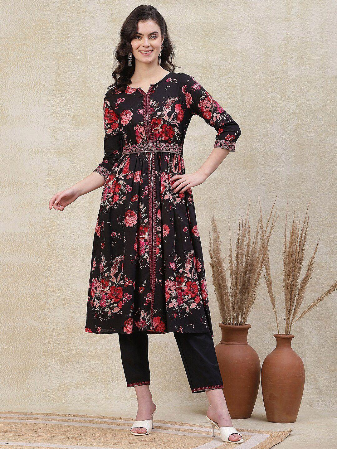 fashor floral printed pleated mirror work pure cotton kurta with waist belt & trouser