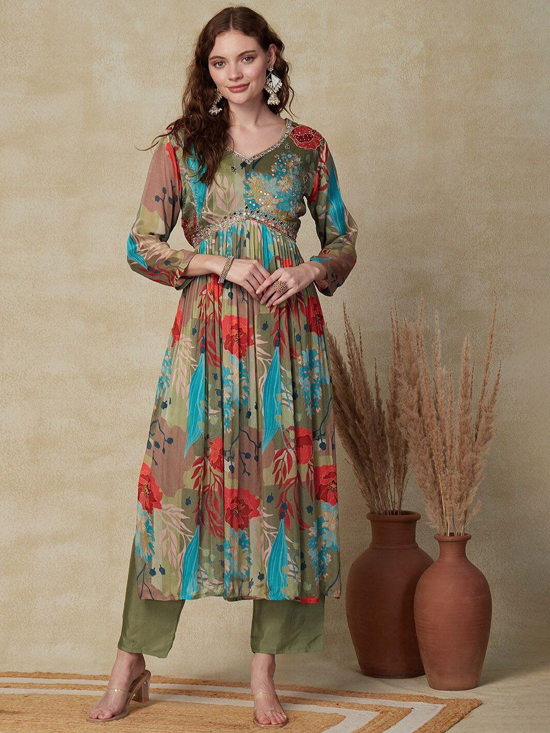 fashor floral printed pleated mirror work silk crepe kurta with trousers & dupatta