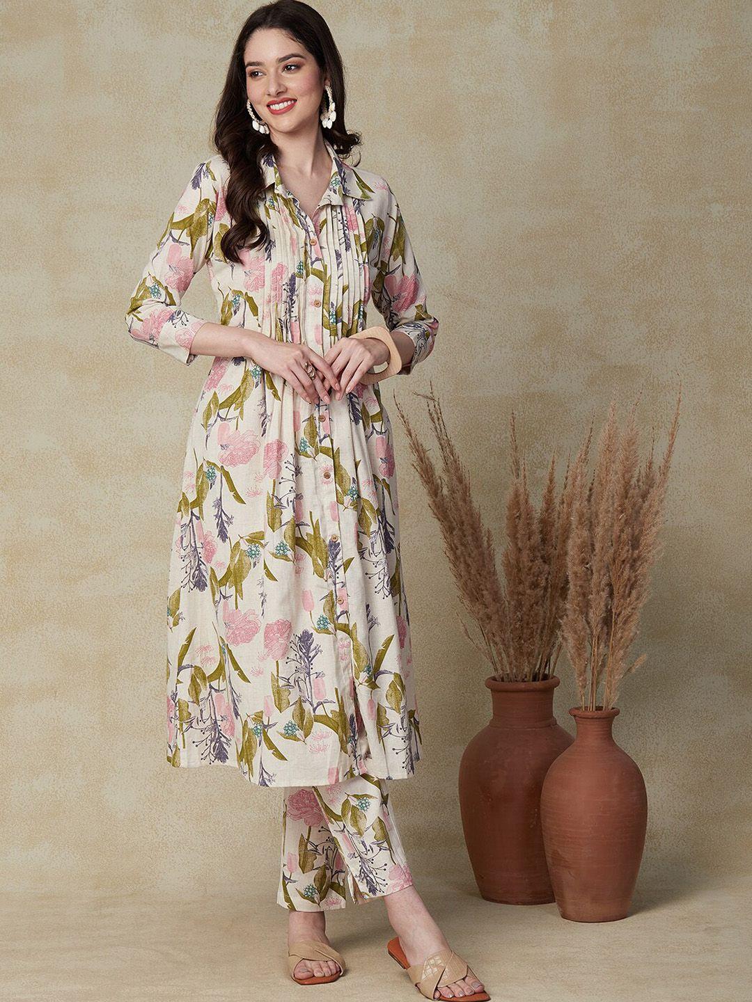 fashor floral printed pleated pure cotton a-line kurta with trousers