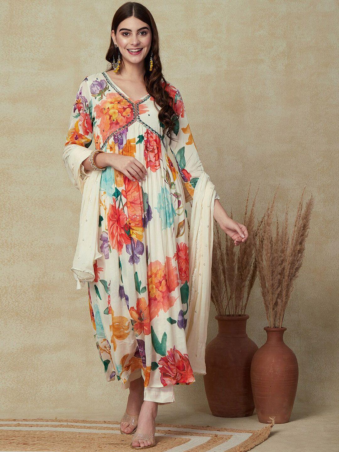fashor floral printed pleated sequinned kurta with trousers & dupatta