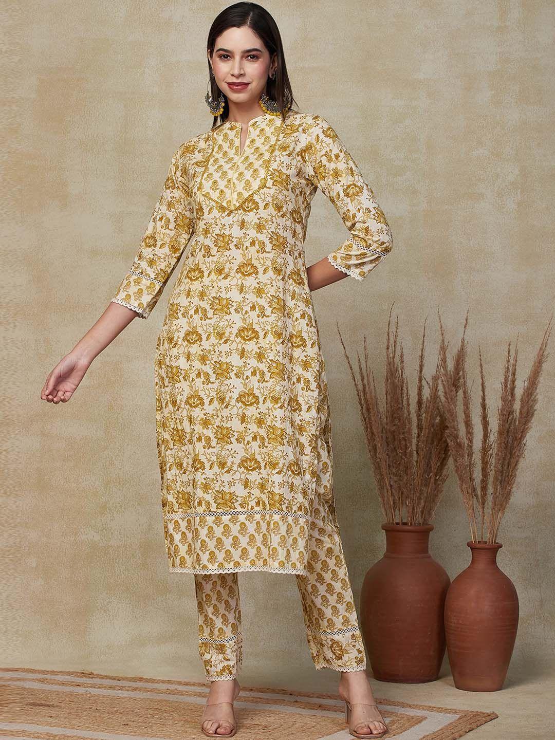 fashor floral printed pure cotton kurta with trousers & dupatta