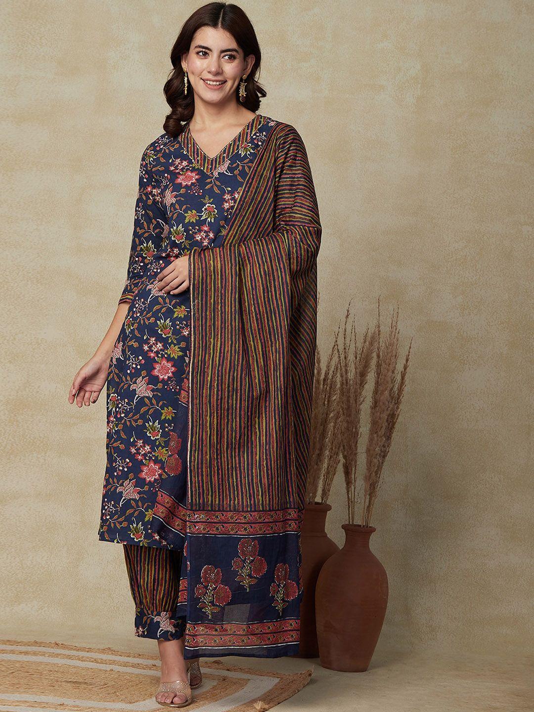 fashor floral printed pure cotton regular kurta with salwar & with dupatta