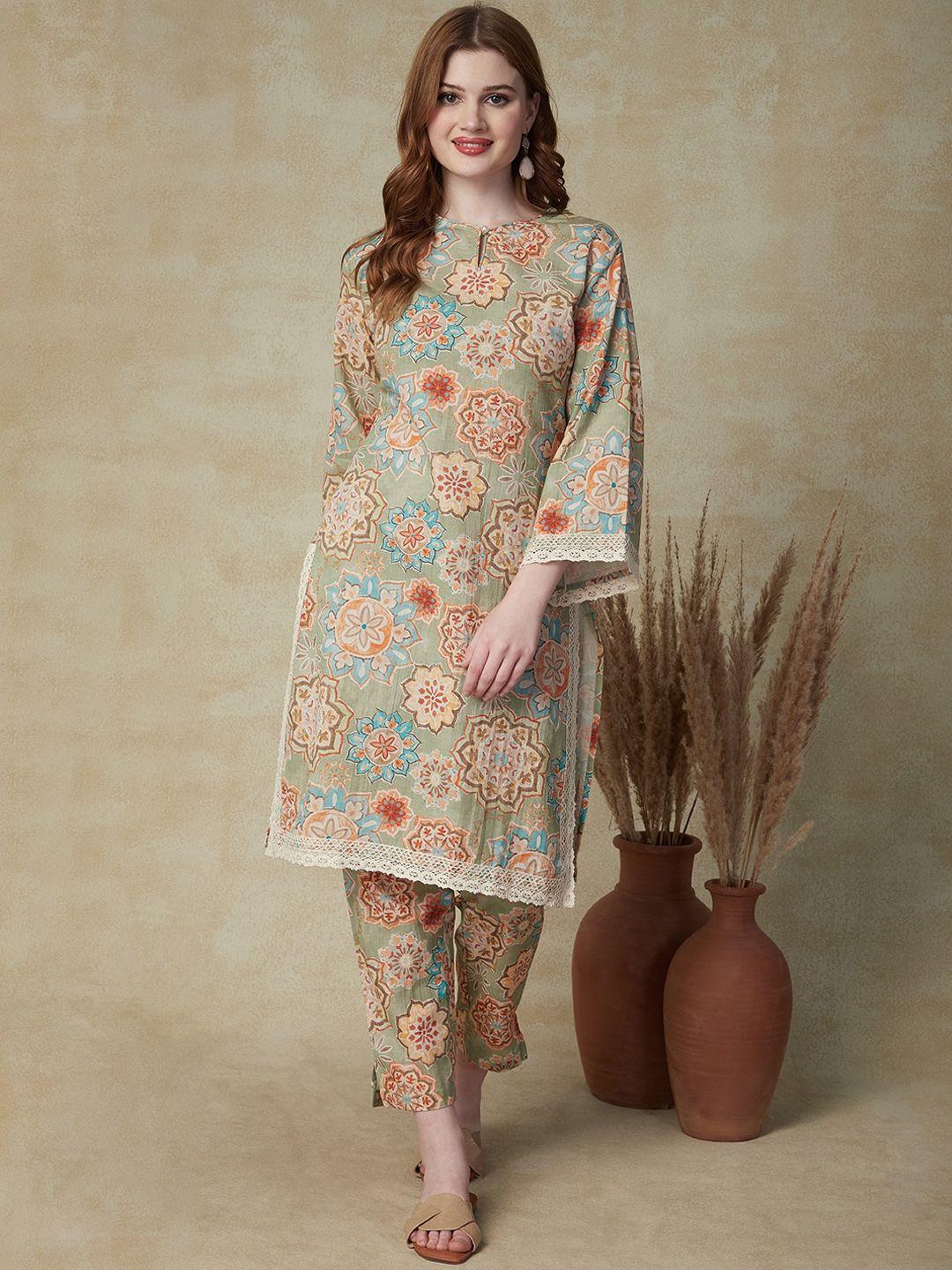 fashor floral printed pure cotton regular kurta with trousers
