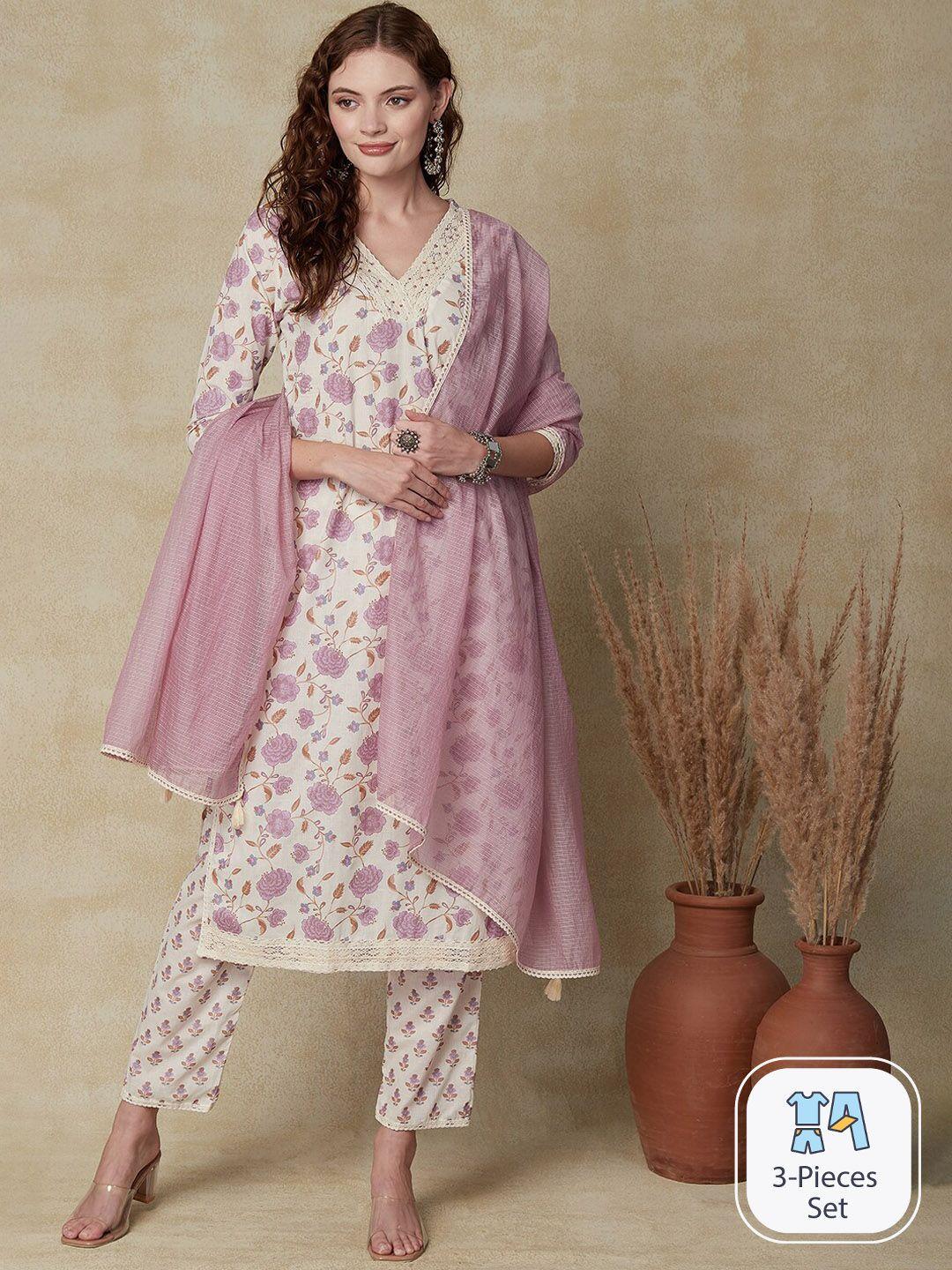 fashor floral printed pure cotton straight kurta with trousers & dupatta