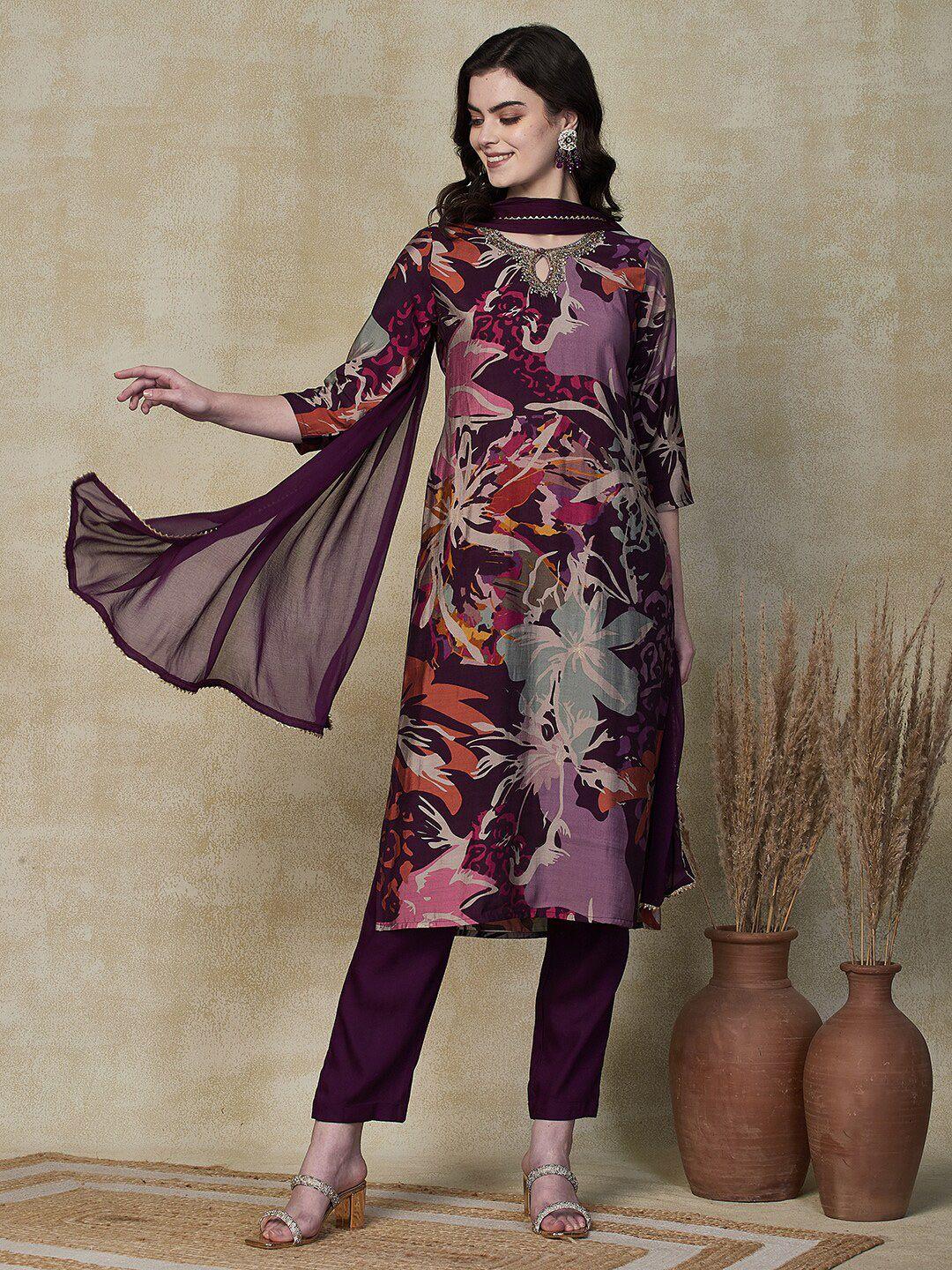 fashor floral printed regular aari work kurta with trousers & dupatta