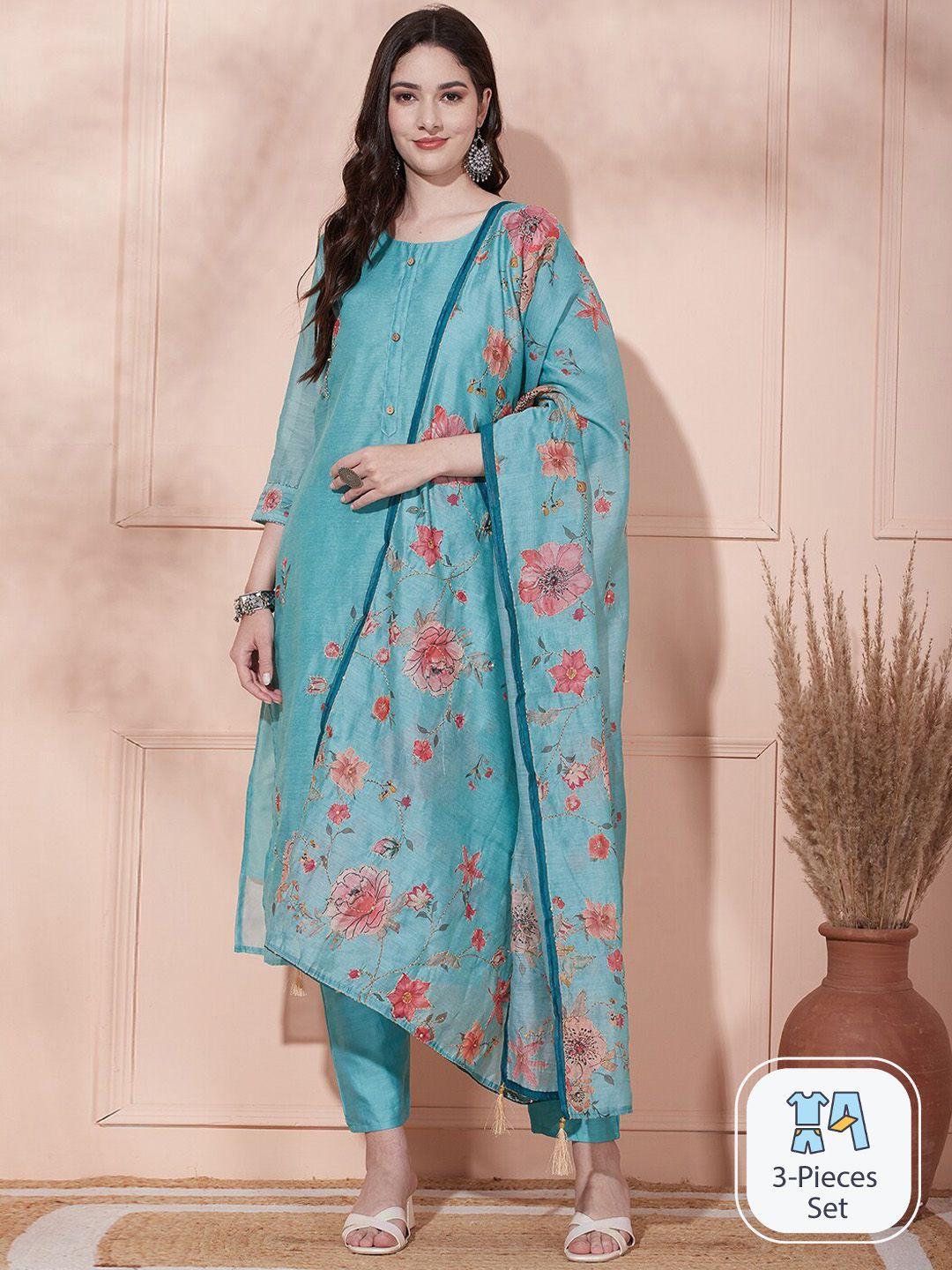 fashor floral printed regular beads and stones kurta with trousers & dupatta