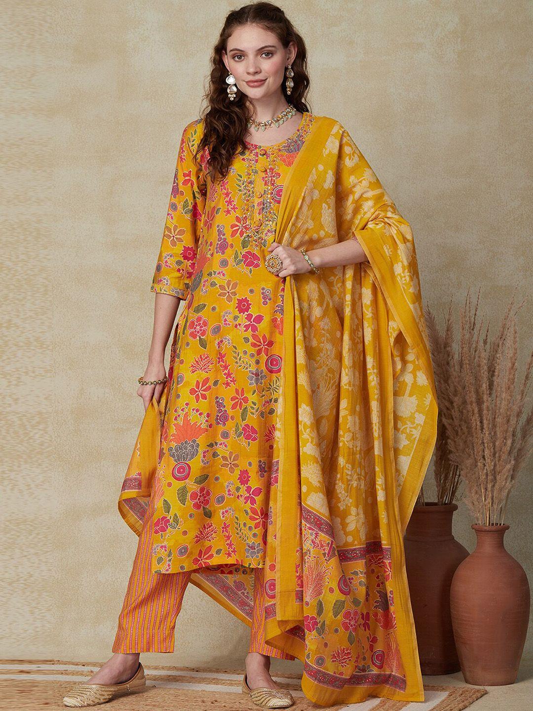 fashor floral printed regular beads and stones kurta with trousers & dupatta