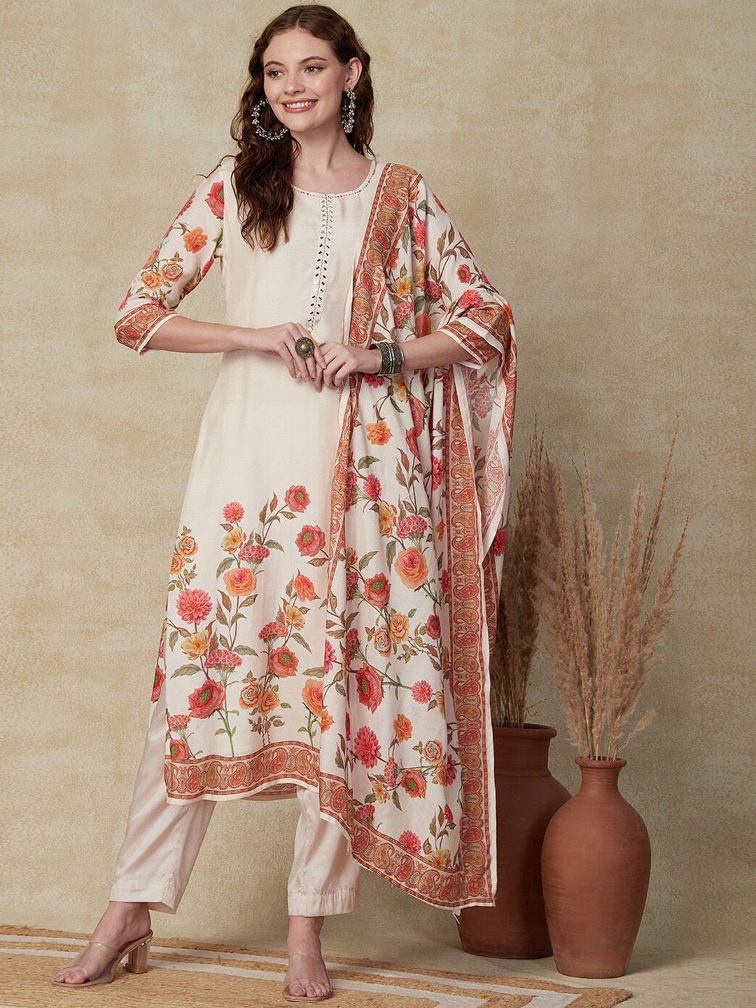 fashor floral printed regular mirror work kurta with trousers & dupatta