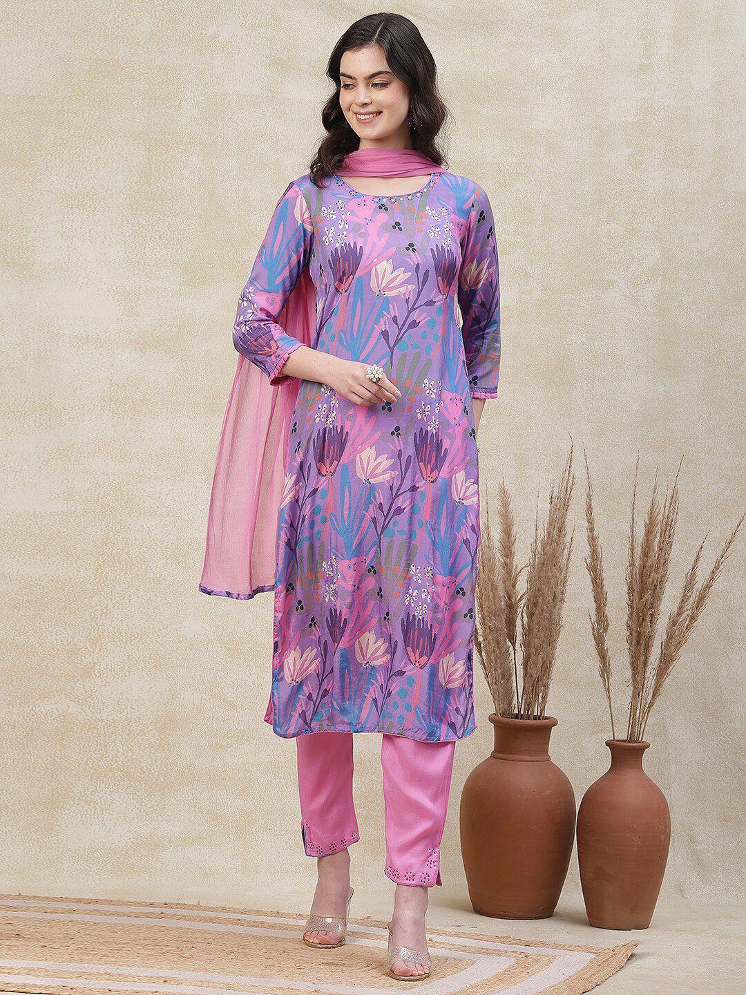 fashor floral printed regular mirror work kurta with trousers & dupatta