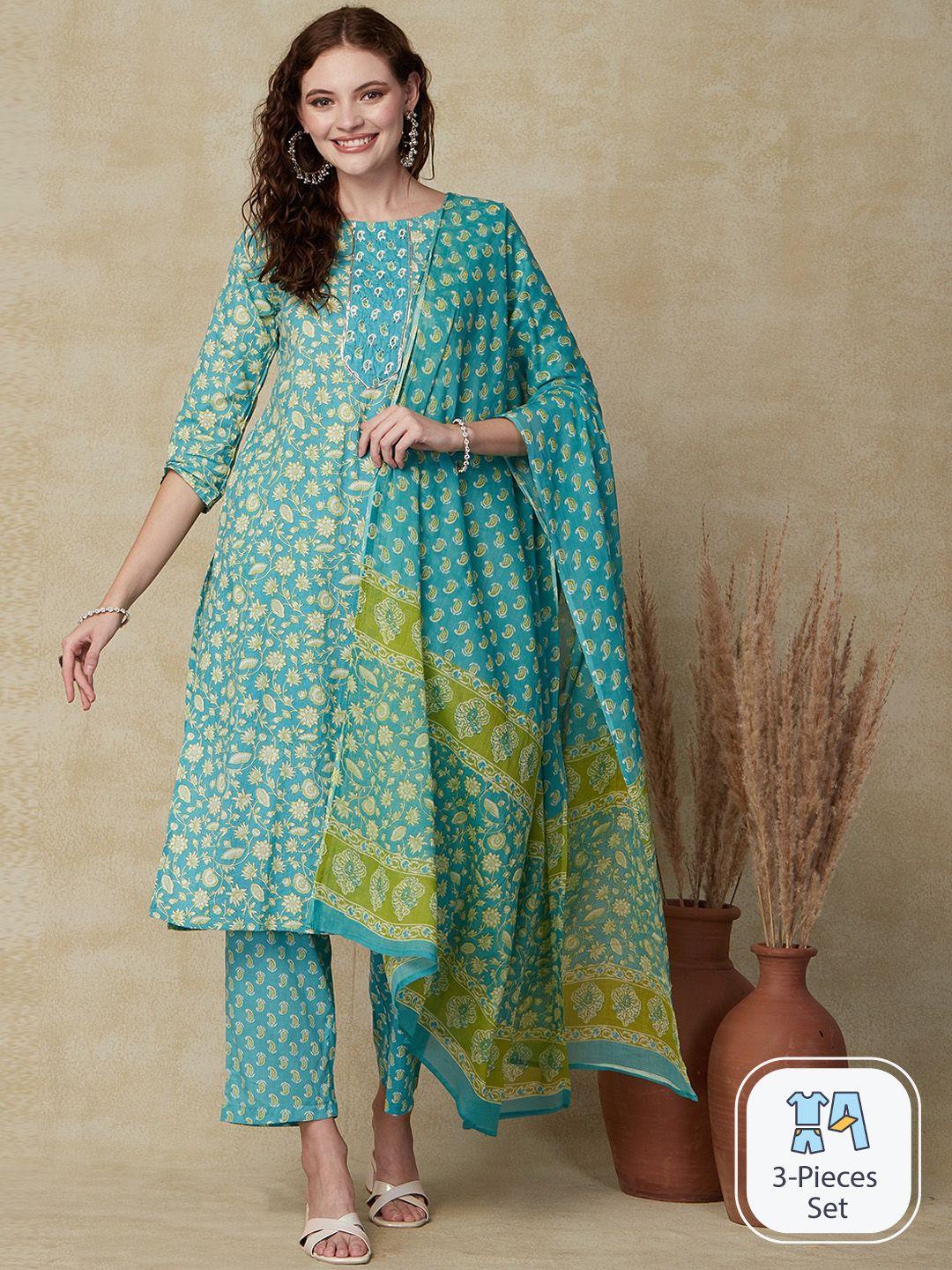 fashor floral printed regular pure cotton kurta with trousers & with dupatta