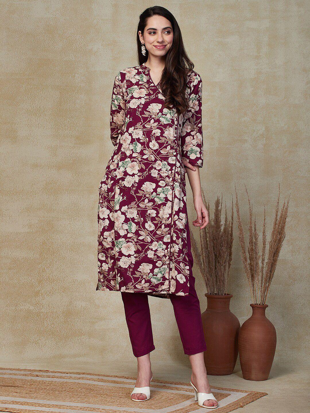 fashor floral printed regular sequinned pure cotton kurta with trousers