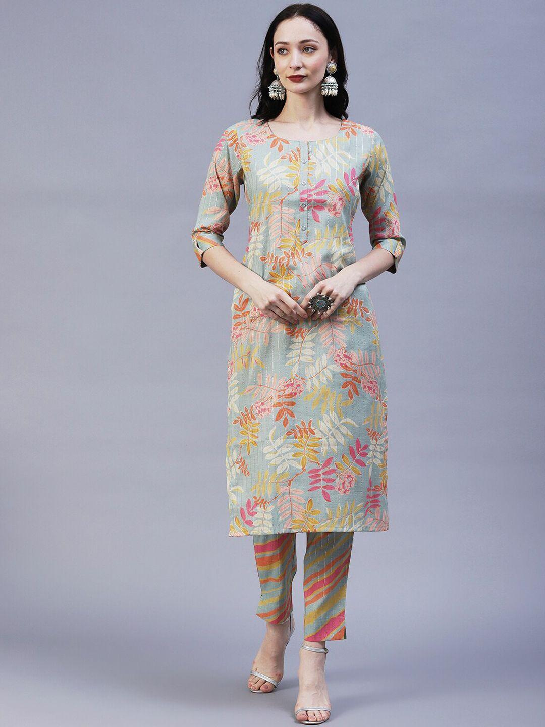 fashor floral printed roll up sleeves regular kurta with trousers
