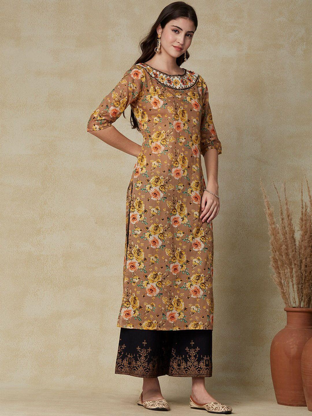 fashor floral printed round neck cotton kurta