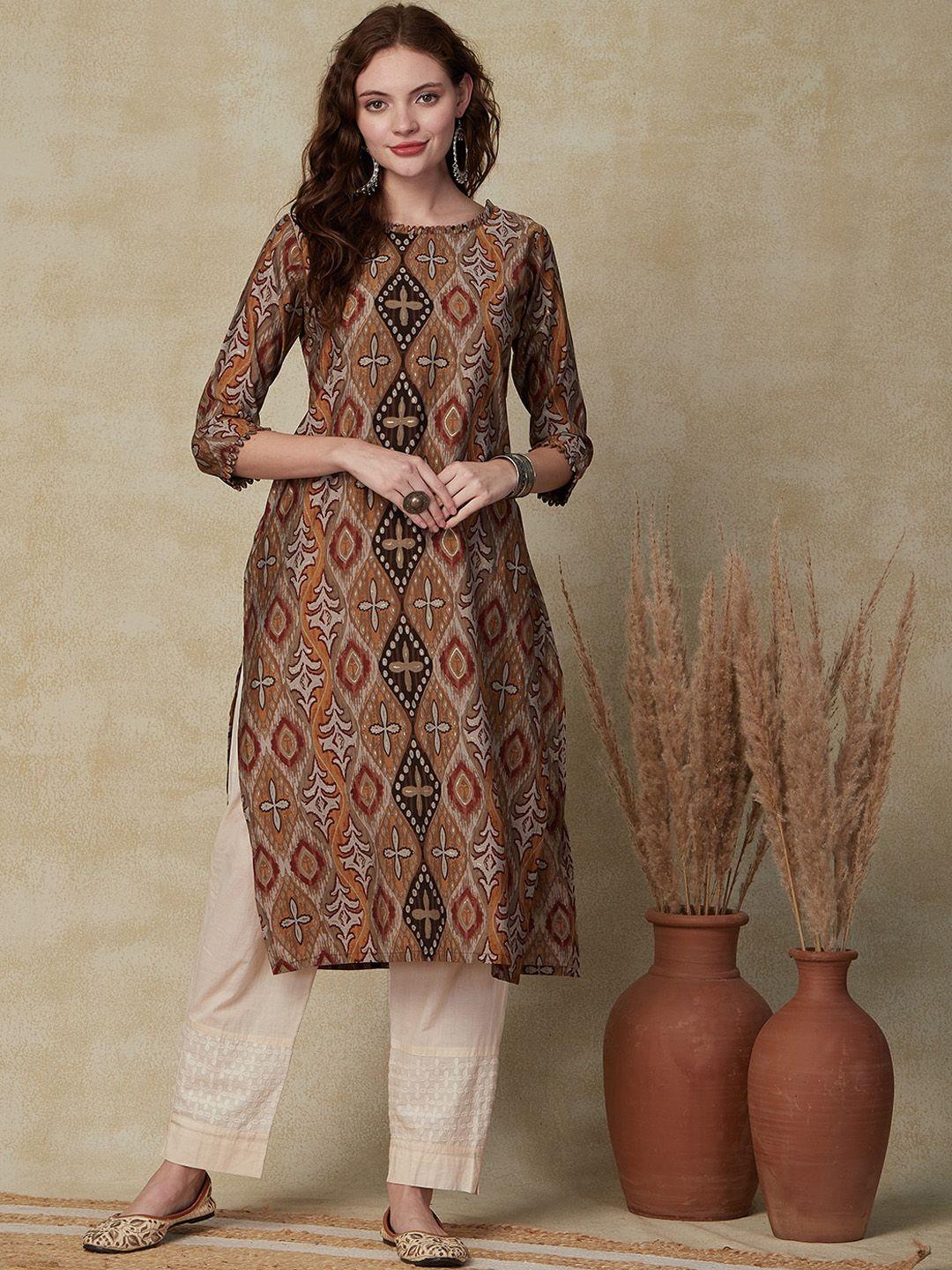 fashor floral printed round neck silk straight kurta