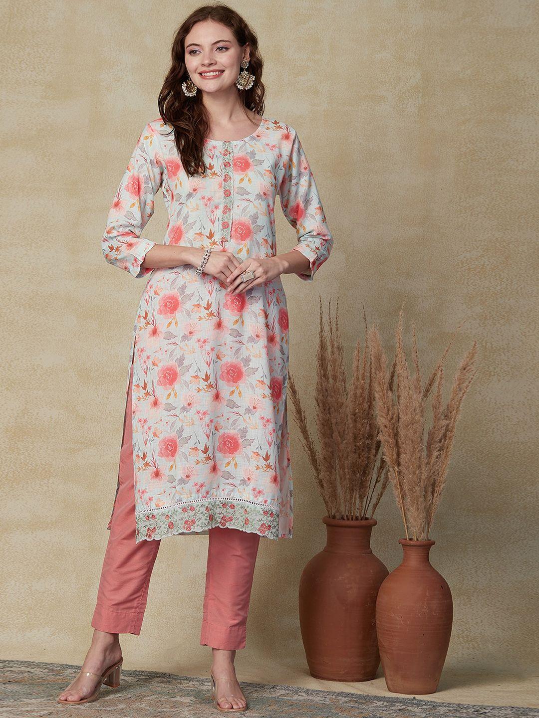 fashor floral printed round neck thread work linen straight kurta