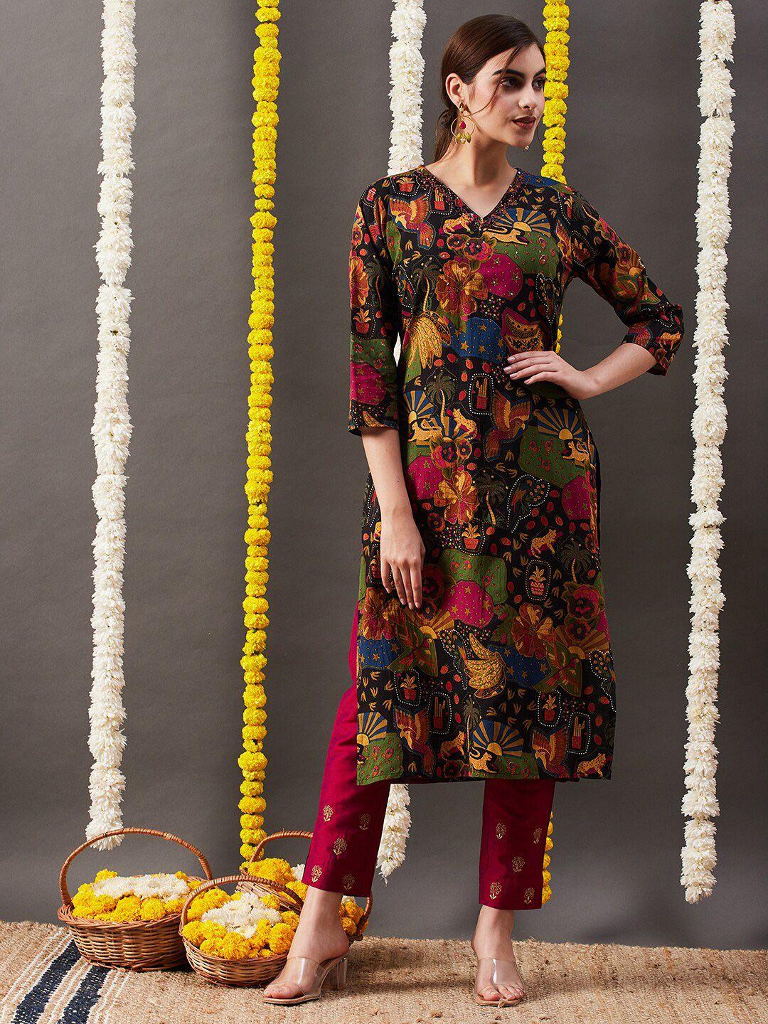 fashor floral printed sequined pure cotton straight kurta