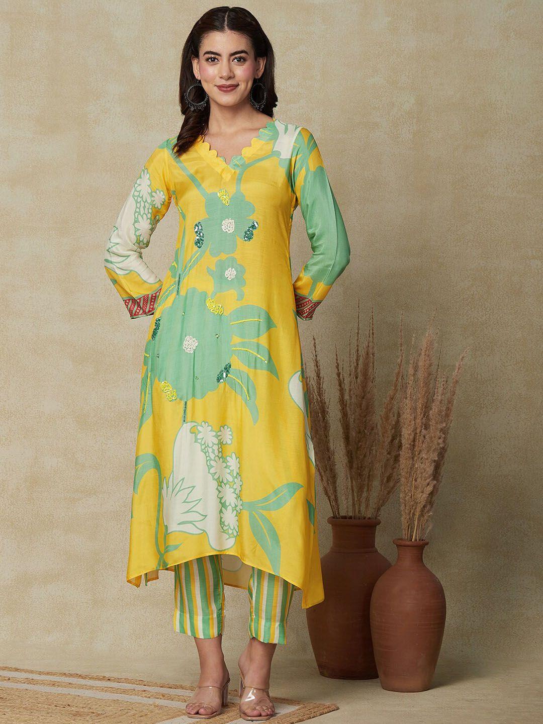 fashor floral printed sequinned a-line kurta with trousers
