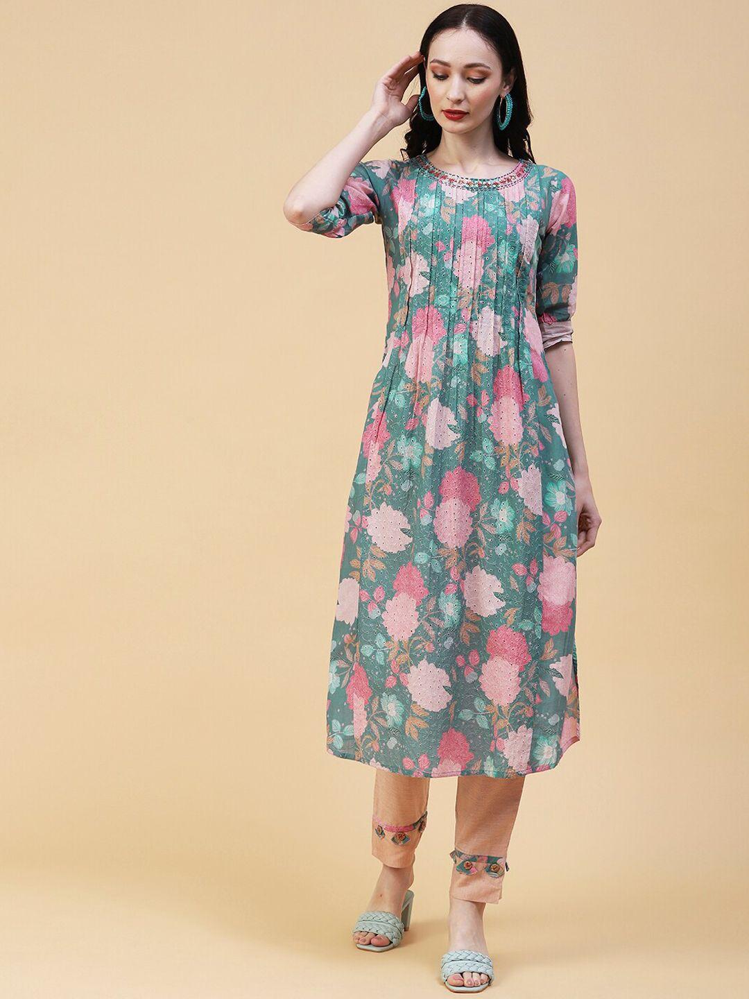 fashor floral printed sequinned a-line pure cotton kurta with trousers