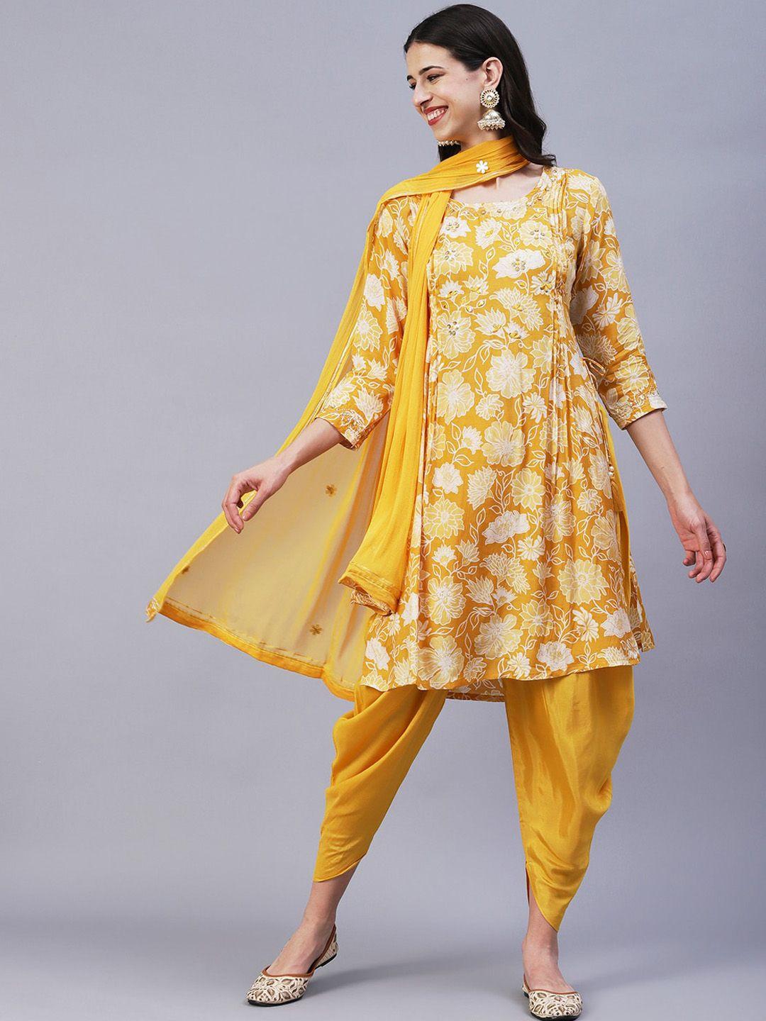 fashor floral printed sequinned foil a-line kurta with dhoti pants & dupatta