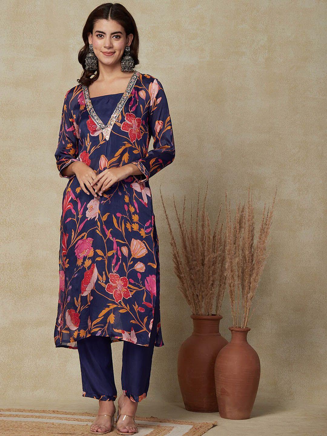 fashor floral printed sequinned kurta & trouser with camisole