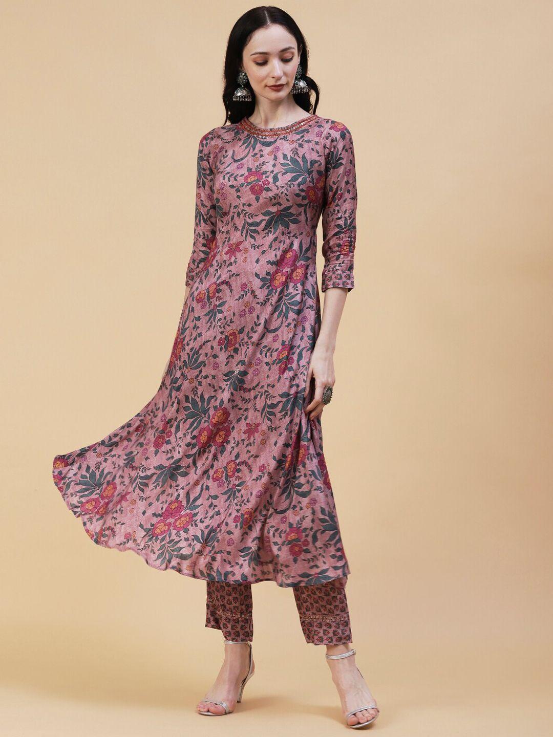 fashor floral printed sequinned kurta with trousers