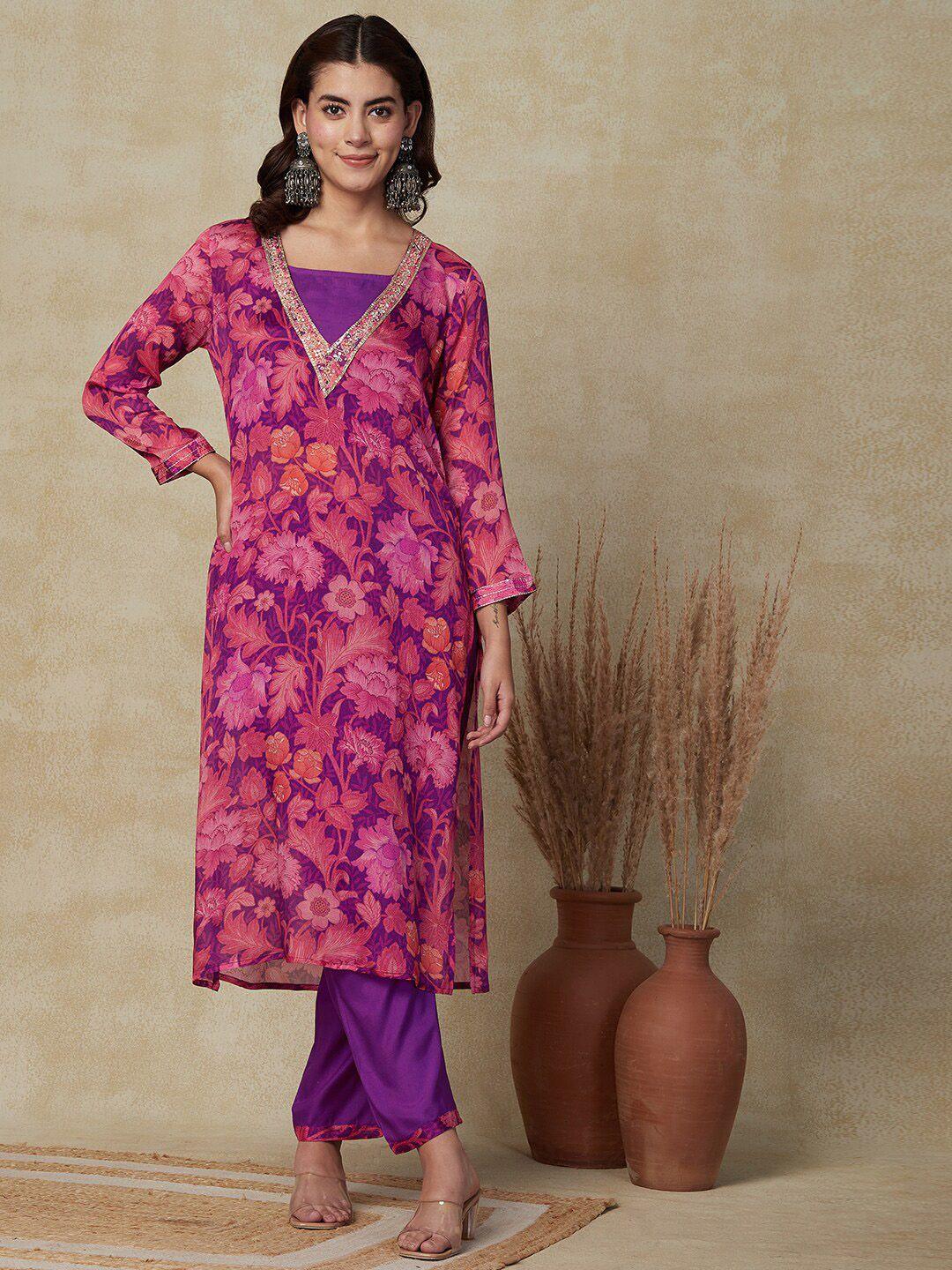 fashor floral printed sequinned kurta with trousers