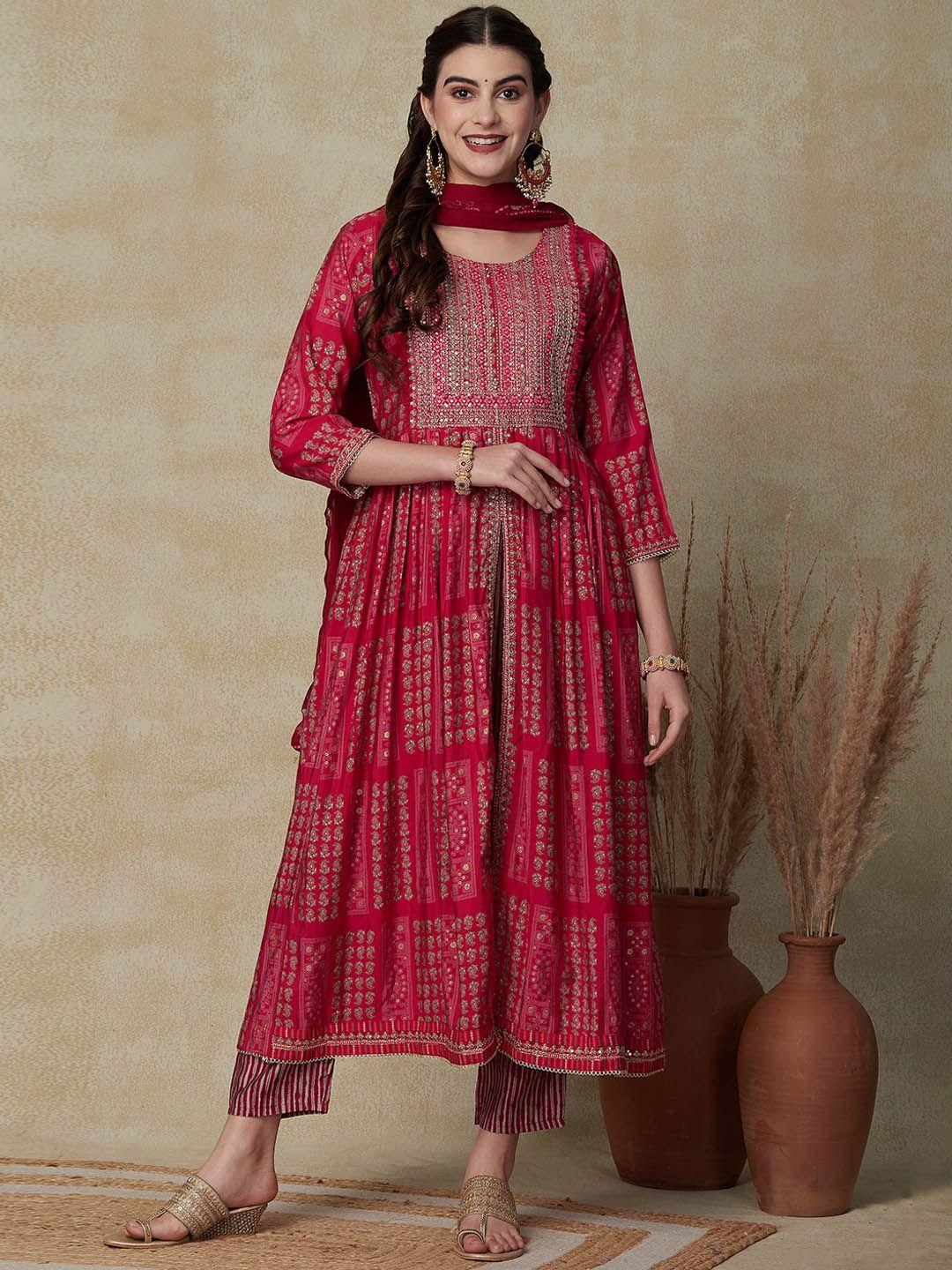 fashor floral printed sequinned pleated a-line kurta with trousers & dupatta