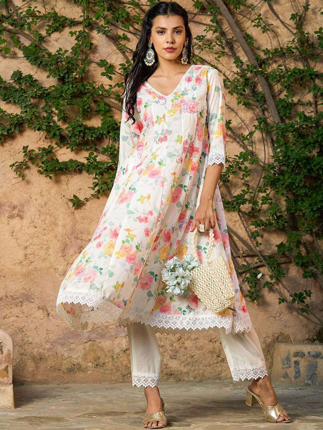 fashor floral printed sequinned pure cotton kurta with trousers