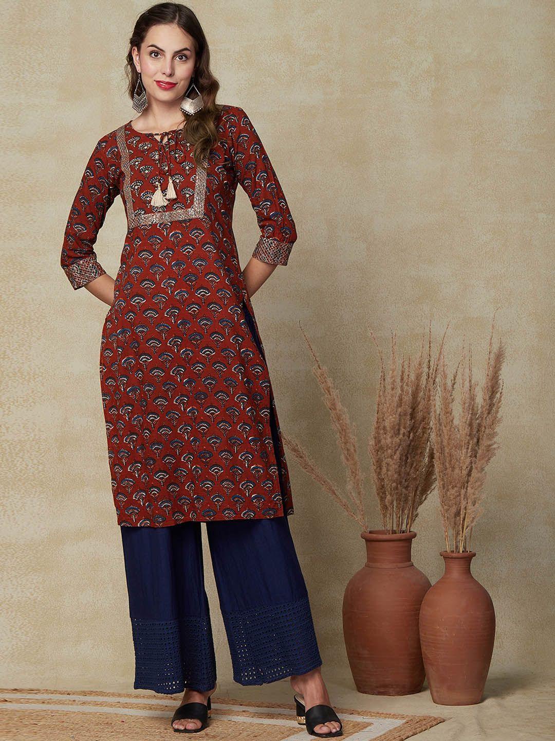 fashor floral printed sequinned straight kurta