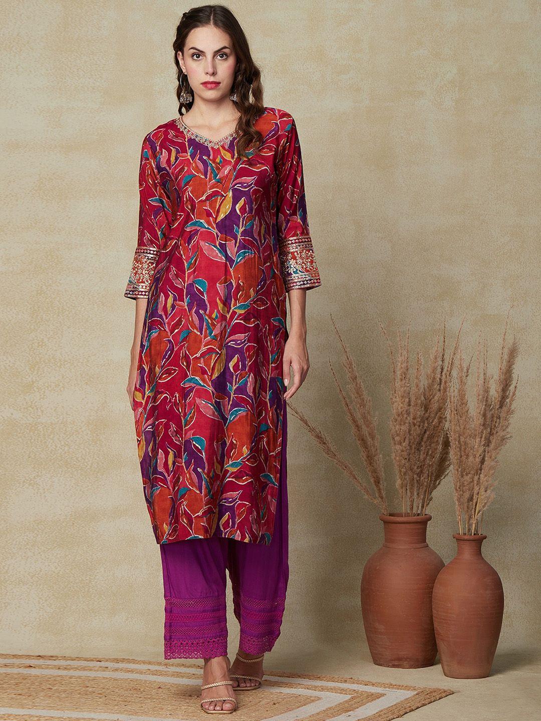 fashor floral printed sequinned straight kurta