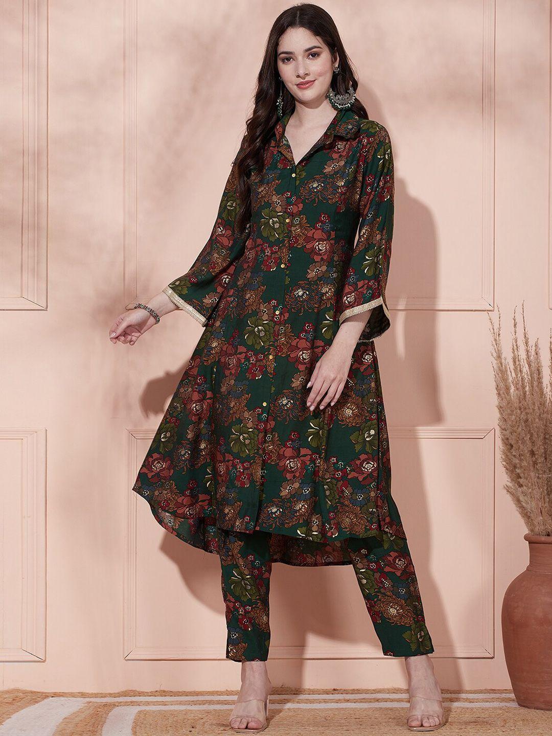 fashor floral printed shirt collar flared sleeves high-low hem kurta with trousers