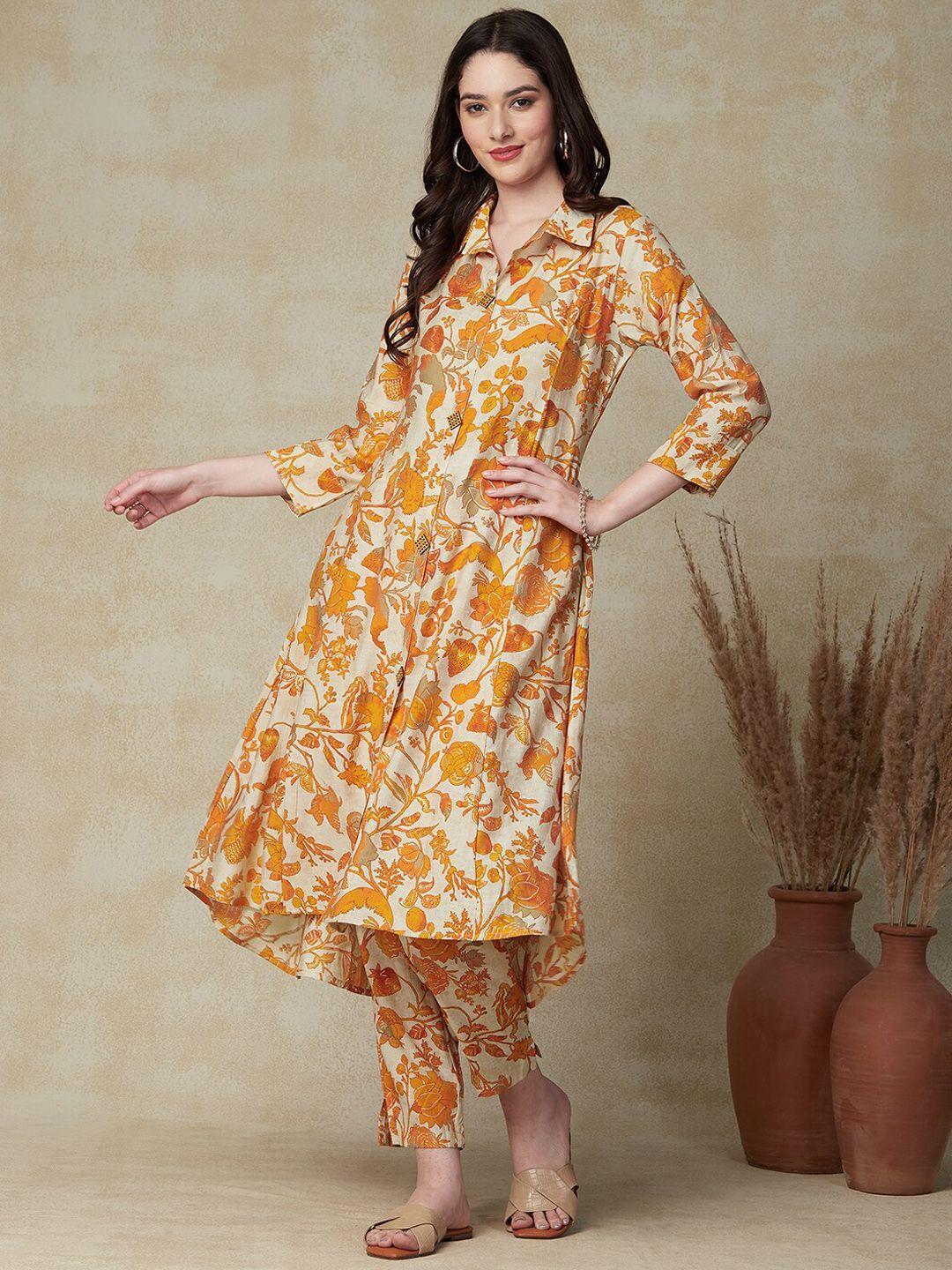 fashor floral printed shirt collar high-low hem a-line kurta with trousers