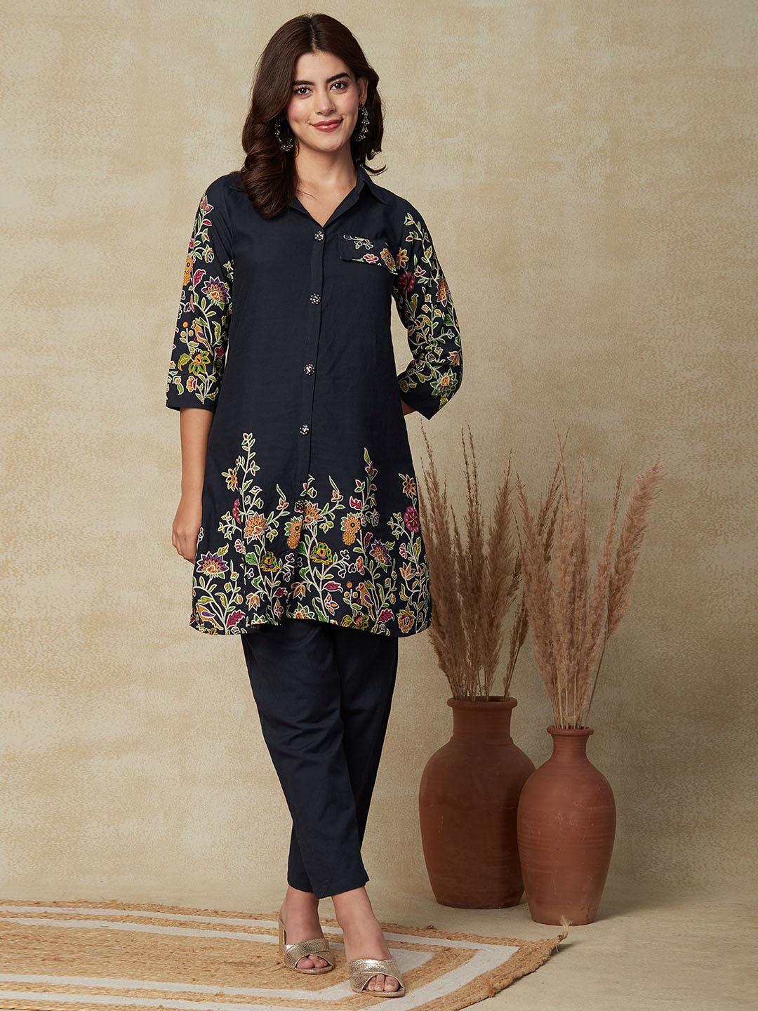 fashor floral printed shirt collar pure cotton a-line kurta with trouser