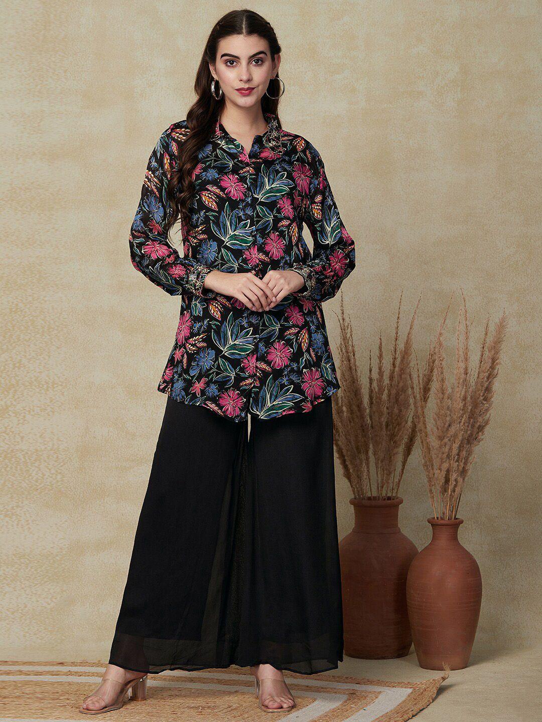 fashor floral printed shirt collar shirt with palazzos