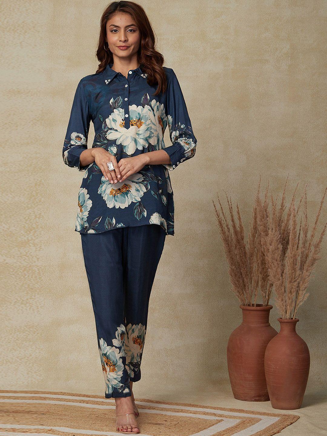 fashor floral printed shirt collar top with trousers