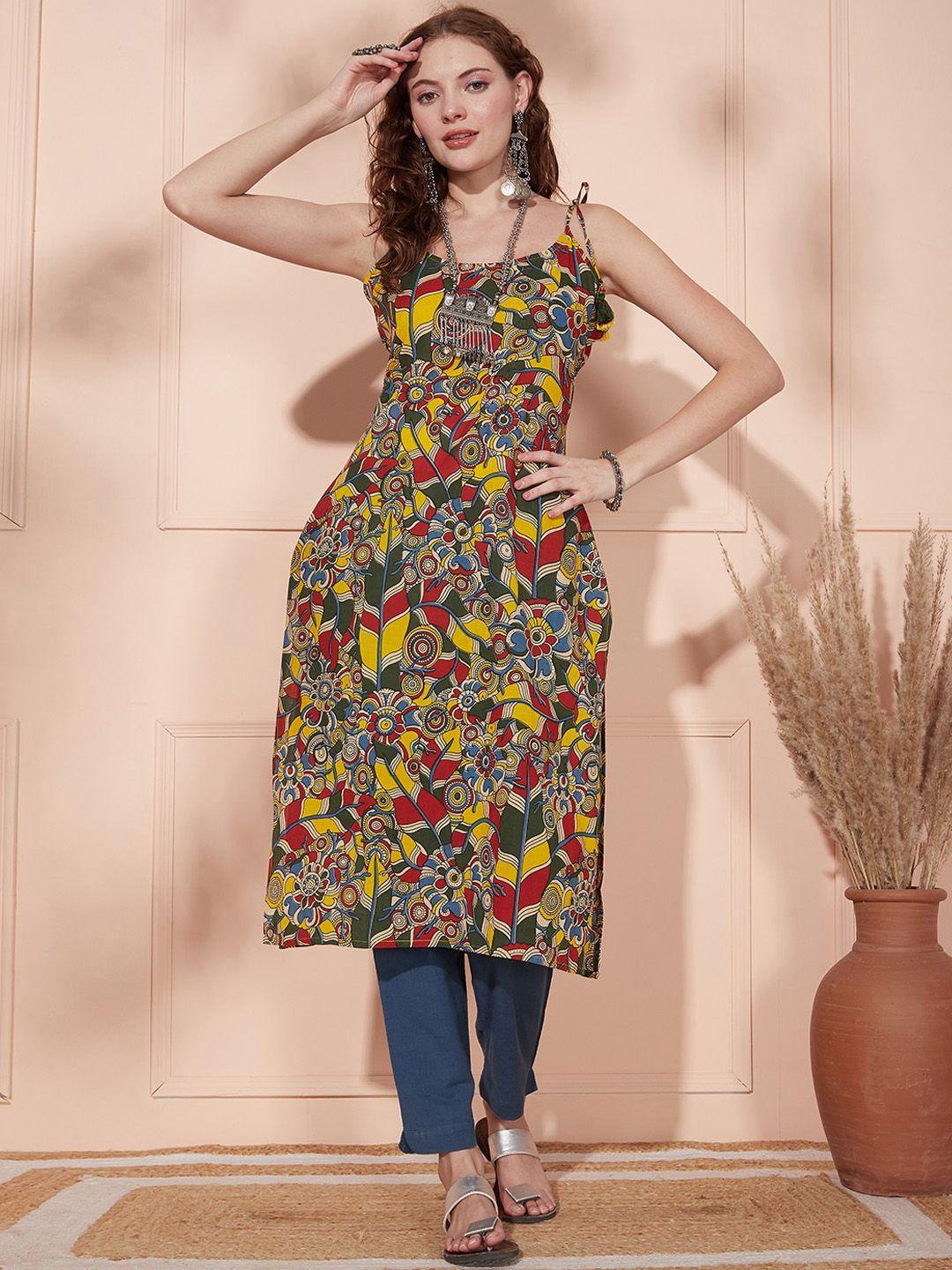 fashor floral printed shoulder straps pure cotton straight kurta