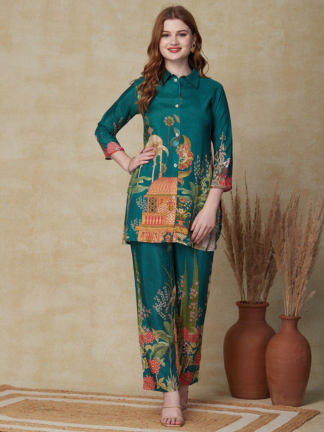 fashor floral printed standard-fit shirt with trouser co-ords