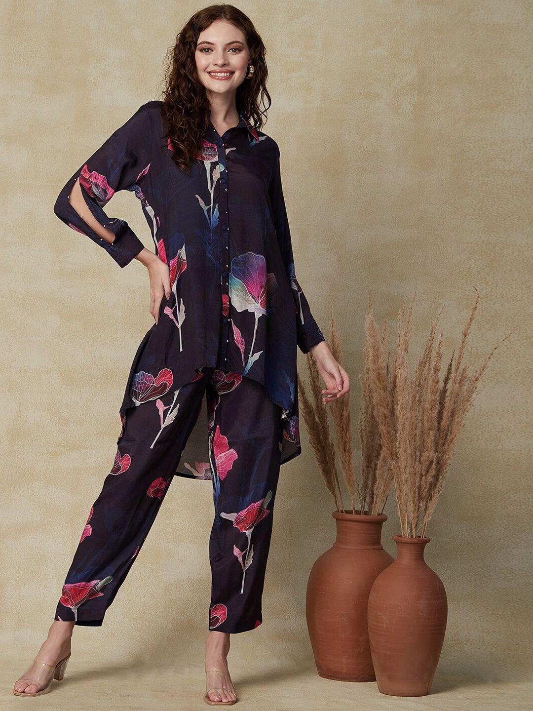 fashor floral printed straight fit top with trouser