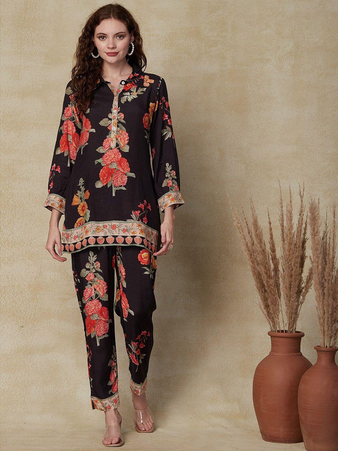 fashor floral printed straight fit tunic & trousers