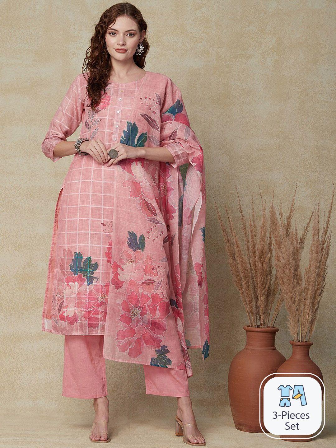 fashor floral printed straight kurta with trousers & dupatta