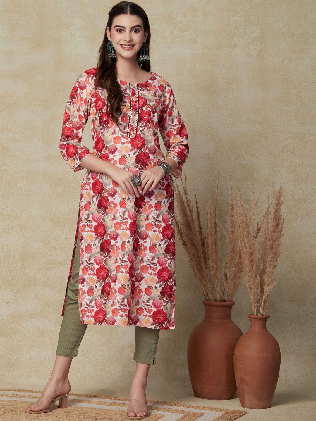 fashor floral printed straight linen kurta