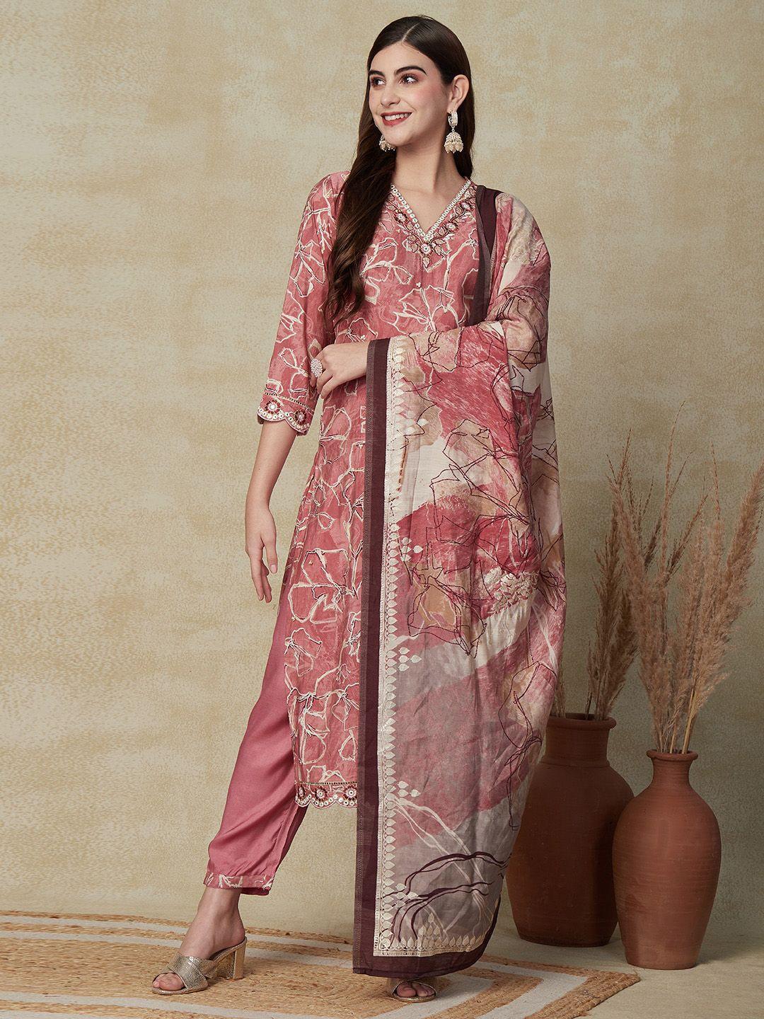 fashor floral printed thread work kurta with trousers & dupatta