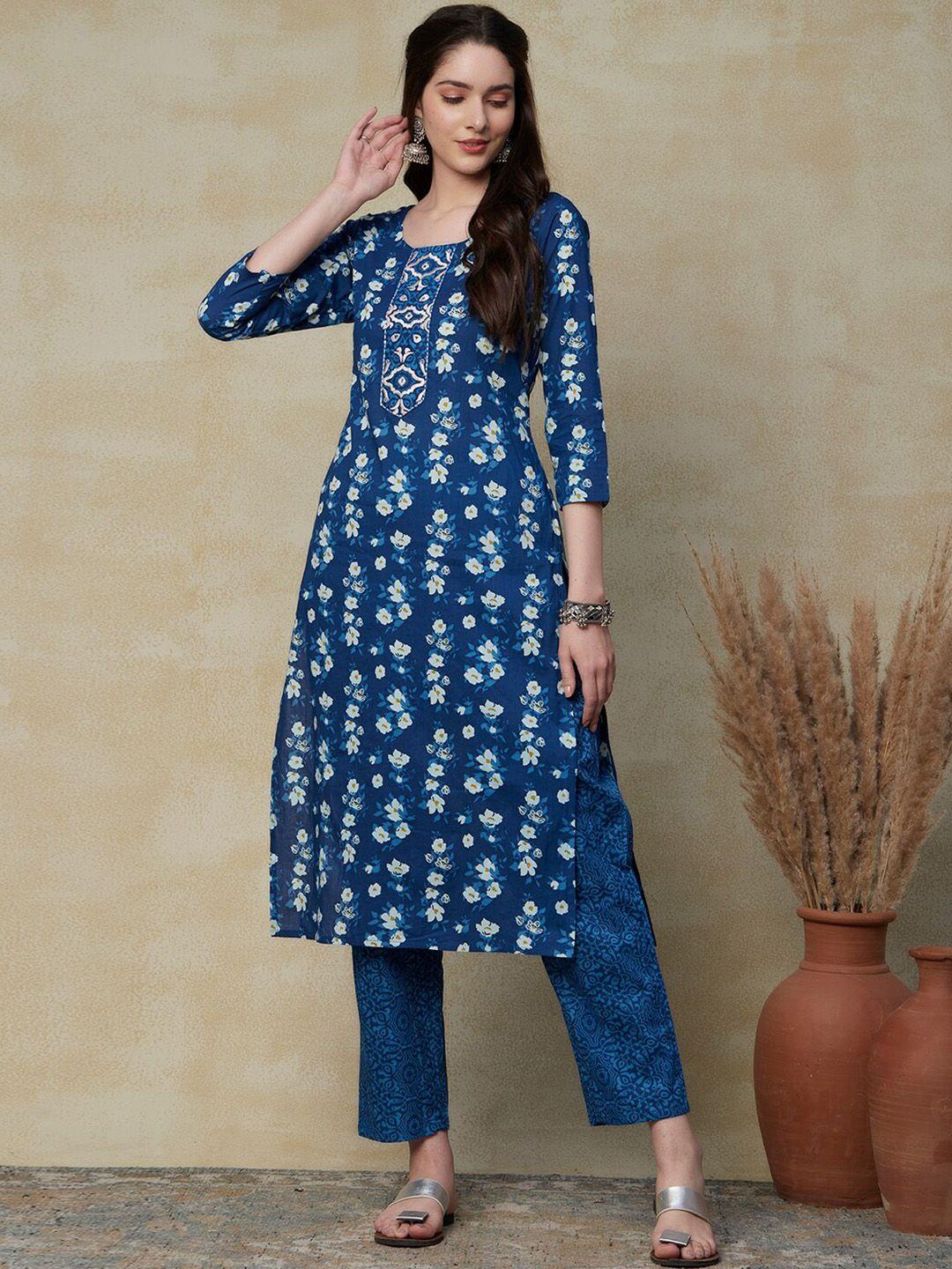 fashor floral printed thread work kurta with trousers